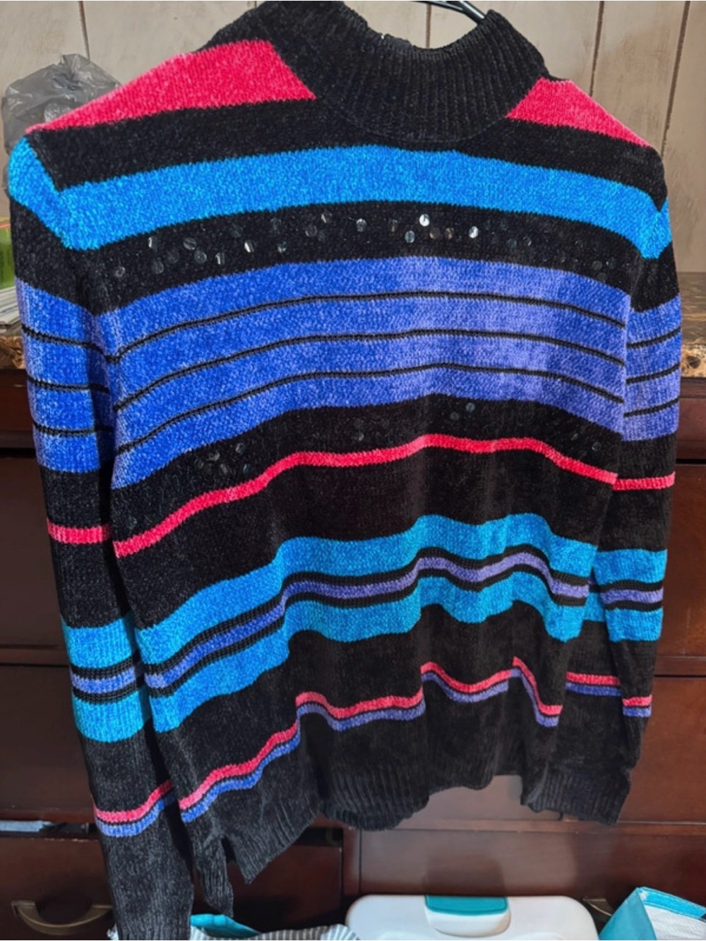 Koret Black Sweater with Blue, Purple & Pink Stripes - Cowl/Turtleneck